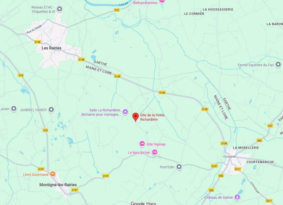 Gîte Petite Richardière Sarthe : Carte et Accès Carte routière centrée sur la Gîte de la Petite Richardière, près de Montigné-lès-Rairies, Montreuil-sur-Huisne. Routes D138, D197.